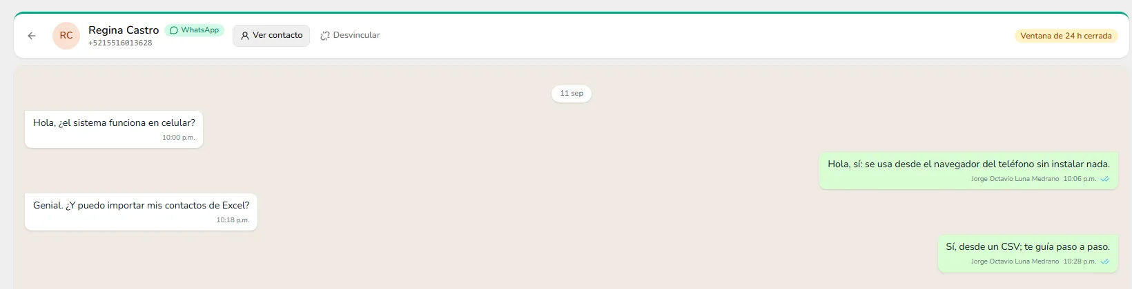 Conversación de WhatsApp dentro del CRM, ligada a la ficha del contacto